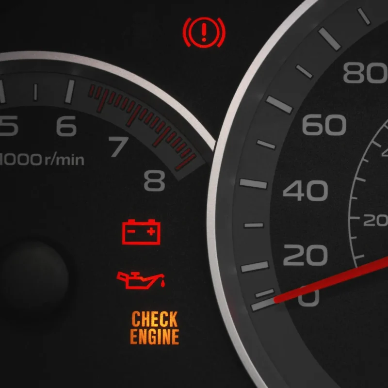 Car dashboard gauges with red brake, battery, and oil warning lights and an amber check engine light illuminated.