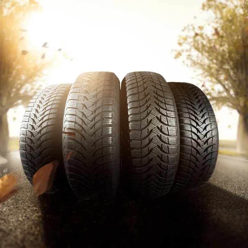 Four new tires standing in a row on a tree-lined road with autumn leaves blowing past in the morning sun.
